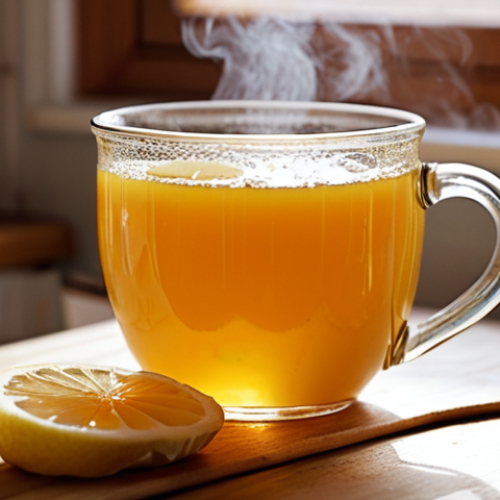 **Image Prompt:** A close-up, vibrant shot of a homemade remedy for sore throat, focusing on a steaming mug filled with a mixture of honey, lemon slices, and grated ginger. The background should be softly blurred, suggesting a cozy kitchen setting. Capture the feeling of warmth and natural relief.