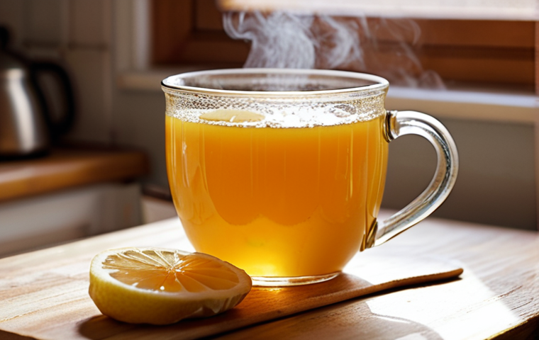 **Image Prompt:** A close-up, vibrant shot of a homemade remedy for sore throat, focusing on a steaming mug filled with a mixture of honey, lemon slices, and grated ginger. The background should be softly blurred, suggesting a cozy kitchen setting. Capture the feeling of warmth and natural relief.
