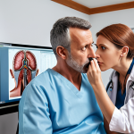 **

A modern audiology clinic in France, featuring advanced diagnostic equipment. A doctor is performing a detailed hearing exam on a patient. The atmosphere is professional and reassuring.

**