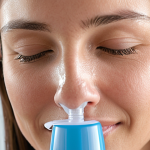 A close-up shot of a person, likely female, with a serene and relieved expression, demonstrating the use of a modern, elegant nasal irrigation device, such as a sleek Néti Pot or an advanced pressure system. The setting should be clean and bright, emphasizing a feeling of ultimate purity and unobstructed breathing. Soft, diffused lighting highlights the user's comfort and the device's sophistication.