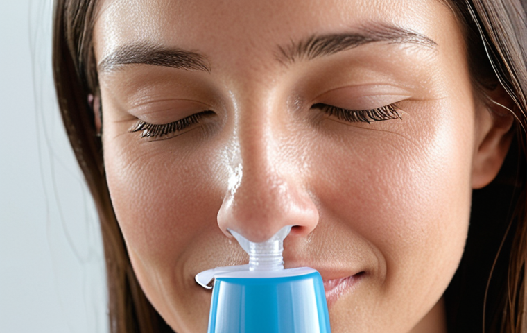 A close-up shot of a person, likely female, with a serene and relieved expression, demonstrating the use of a modern, elegant nasal irrigation device, such as a sleek Néti Pot or an advanced pressure system. The setting should be clean and bright, emphasizing a feeling of ultimate purity and unobstructed breathing. Soft, diffused lighting highlights the user's comfort and the device's sophistication.