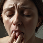 A person in their 30s or 40s, subtly touching their throat or neck, exhibiting a weary or frustrated expression. The scene should convey a sense of persistent vocal fatigue and discomfort, as if speaking is an effort. Soft, muted lighting with a slightly muted color palette to emphasize the internal struggle and the feeling of a voice that no longer "carries." The person looks contemplative and a bit lost, reflecting the "depersonalizing" sensation of losing one's voice.