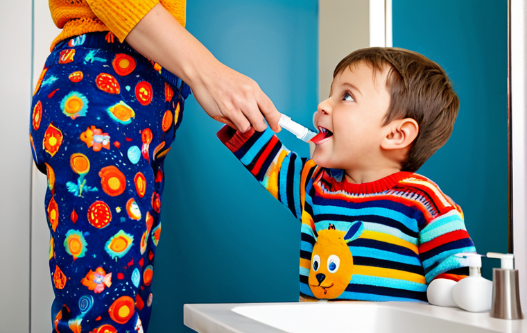 **
A young child, fully clothed in a brightly colored, patterned sweater and comfortable pants, is happily participating in a nasal irrigation routine with a parent. They are standing in front of a bathroom mirror, making silly faces. A Sterimar or Physiomer nasal spray bottle is visible in the background. The bathroom is clean and well-lit. Safe for work, appropriate content, family-friendly, fully clothed, perfect anatomy, correct proportions, natural pose.
**