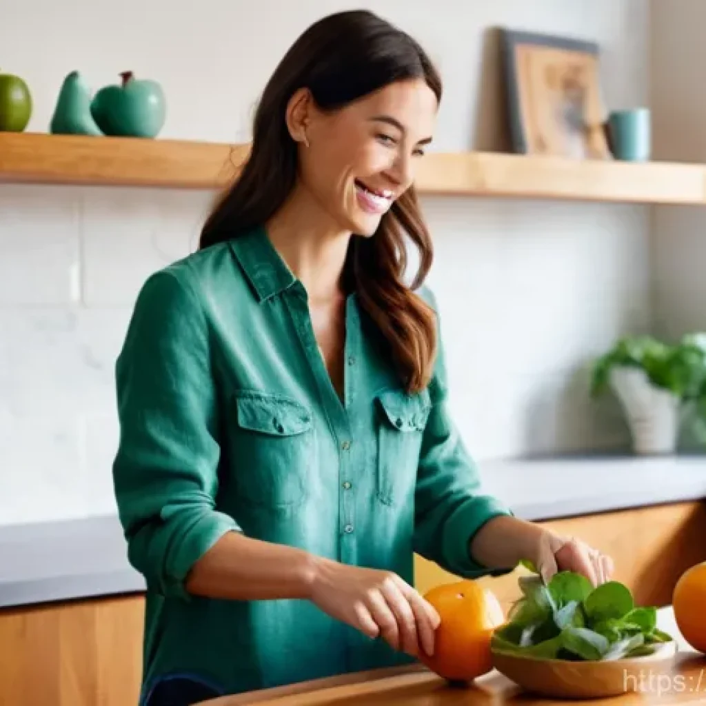 알레르기 비염에 좋은 차와 음식 - A bright and airy kitchen, bathed in soft, natural morning light. A woman in her late 20s or early 3...