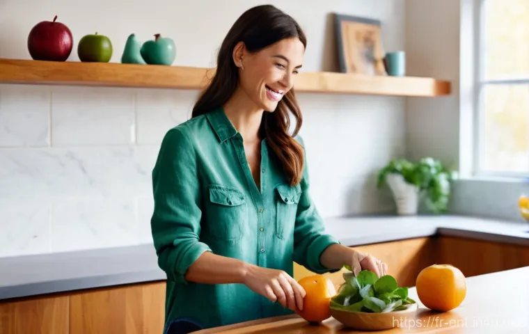 알레르기 비염에 좋은 차와 음식 - A bright and airy kitchen, bathed in soft, natural morning light. A woman in her late 20s or early 3...