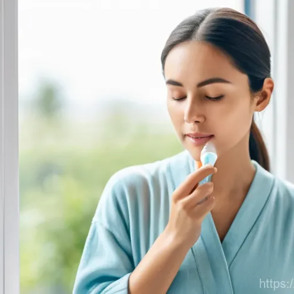 비염 스프레이 사용 주의사항 - **Prompt:** A serene young woman in her early 30s, wearing comfortable and modest light blue cotton ...