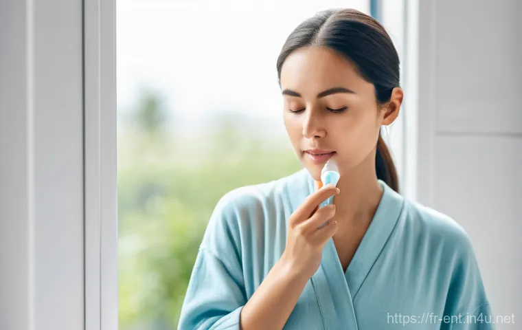 비염 스프레이 사용 주의사항 - **Prompt:** A serene young woman in her early 30s, wearing comfortable and modest light blue cotton ...