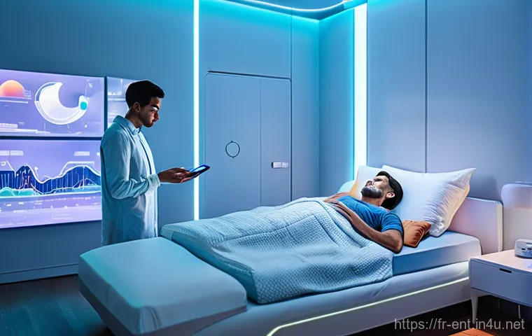 코골이 진단과 치료 병원 추천 - **Prompt:** A modern bedroom at dawn, where a person in their 40s-50s (male or female) is gently wak...