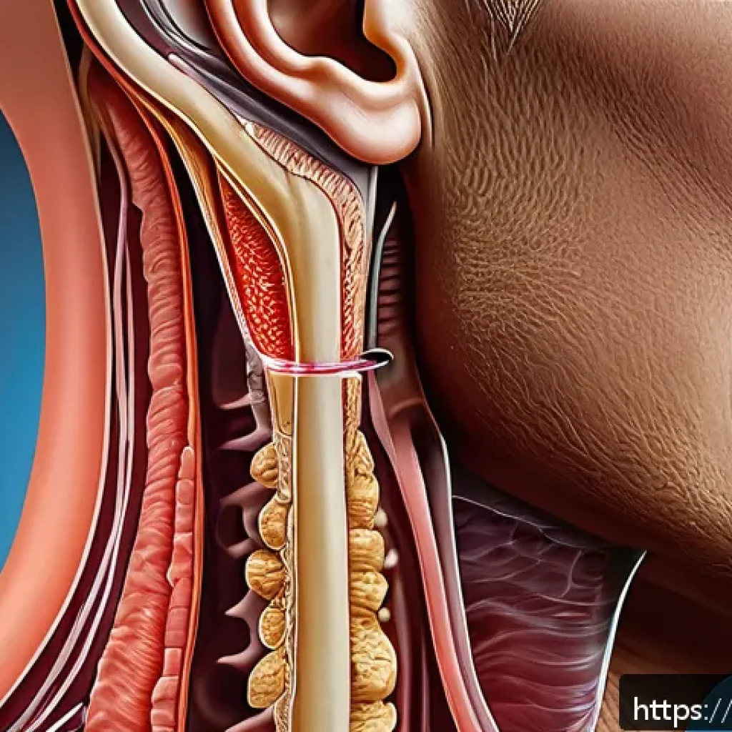 귀에서 물이 새는 증상과 대처법 - A detailed medical illustration of a human ear canal showing trapped water behind a cerumen (earwax)...