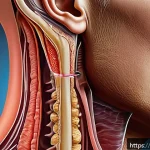 Home 21 귀에서 물이 새는 증상과 대처법 - A detailed medical illustration of a human ear canal showing trapped water behind a cerumen (earwax)...