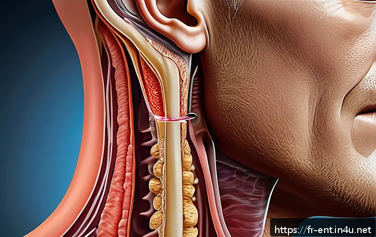 귀에서 물이 새는 증상과 대처법 - A detailed medical illustration of a human ear canal showing trapped water behind a cerumen (earwax)...