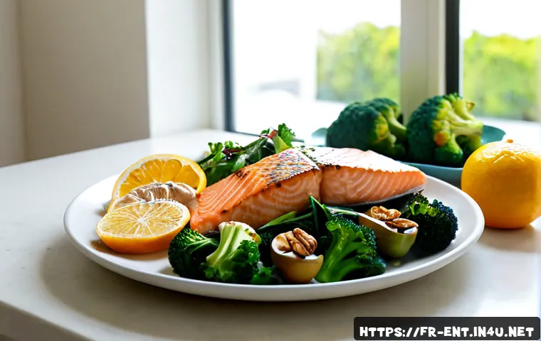 알레르기 비염 치료를 위한 식이요법 - Photorealistic French kitchen table featuring a balanced allergy-friendly meal for nasal comfort: gr...